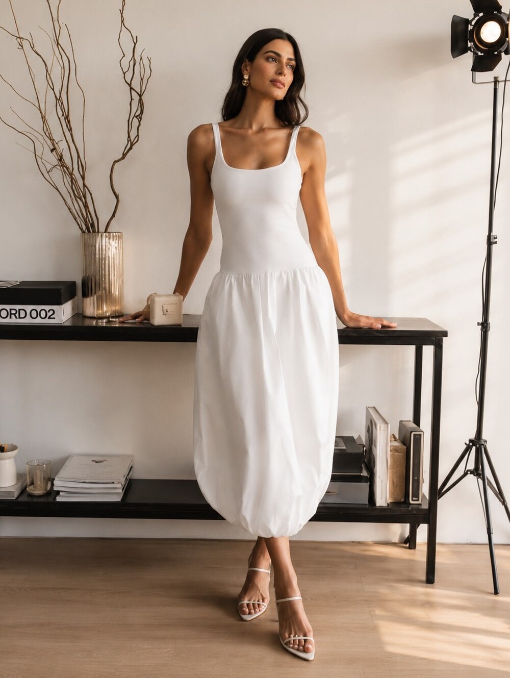 Zara White Ballon Midi Dress Size S